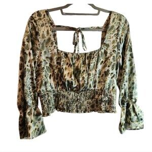 MILK & HONEY GREEN GOLD BLACK PRINT SILKY BLOUSE SIZE LARGE CROPPED SMOCKING